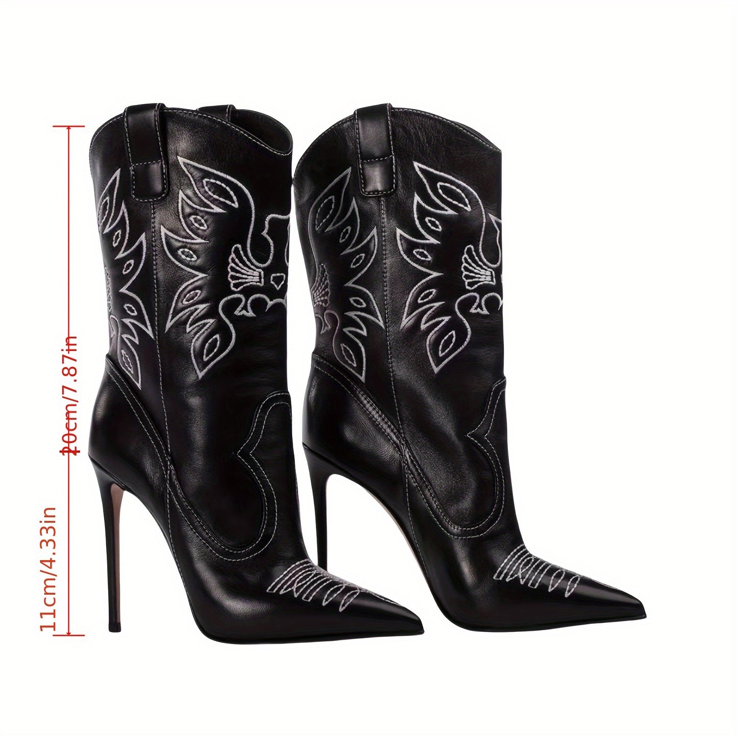 Women's Embroidered Western Cowboy Stiletto Boots - Black Pointed Toe High Heel Boots with Intricate Wing Design, Faux Cover Winter Dress Shoes for Stylish Occasions, Fashion Footwear | Pointed Toe Boots | Synthetic Cover Boo