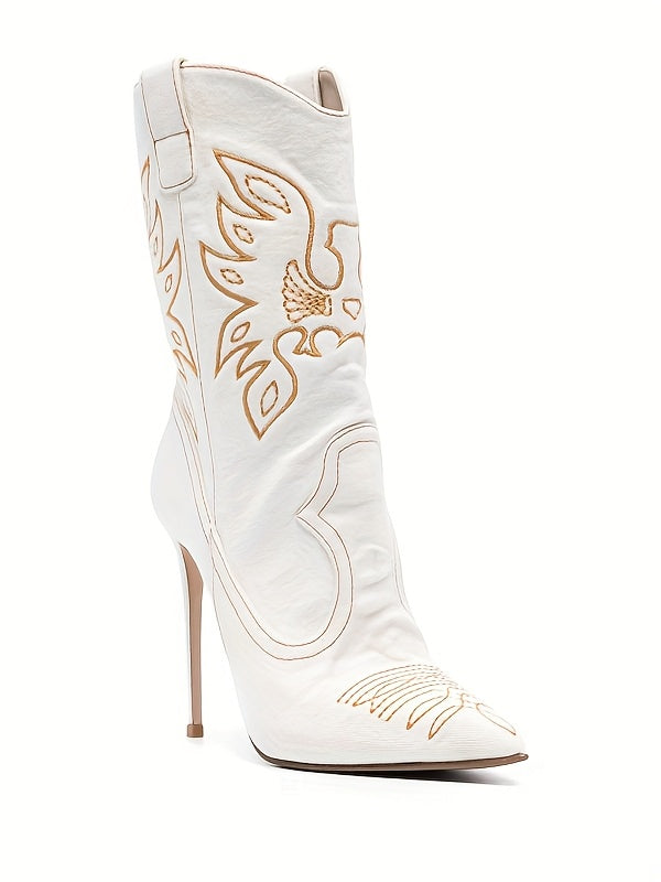 Women's Embroidered Western Cowboy Stiletto Boots - Black Pointed Toe High Heel Boots with Intricate Wing Design, Faux Cover Winter Dress Shoes for Stylish Occasions, Fashion Footwear | Pointed Toe Boots | Synthetic Cover Boo