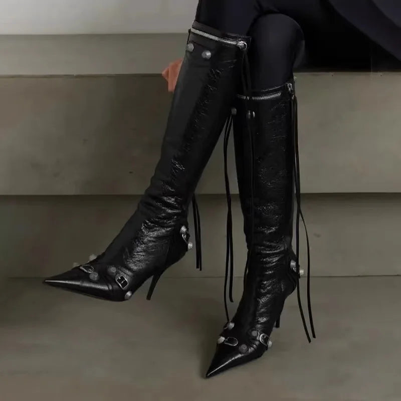 Sleek Black Leather Stiletto Knee Boots with Silver Accents