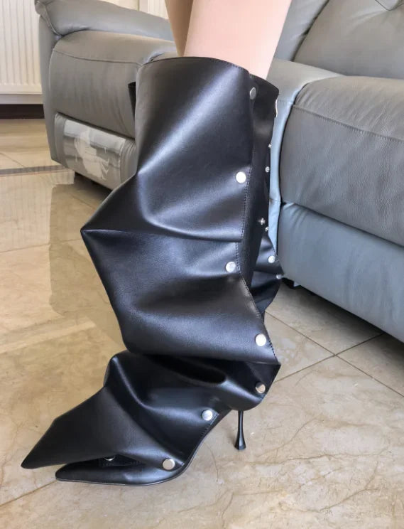 High Heel Long Boots for Women High Botte Winter Boots Shoes for Botas Mujer Thin Heeled Pointed Denim Boots Metal Button Shoes