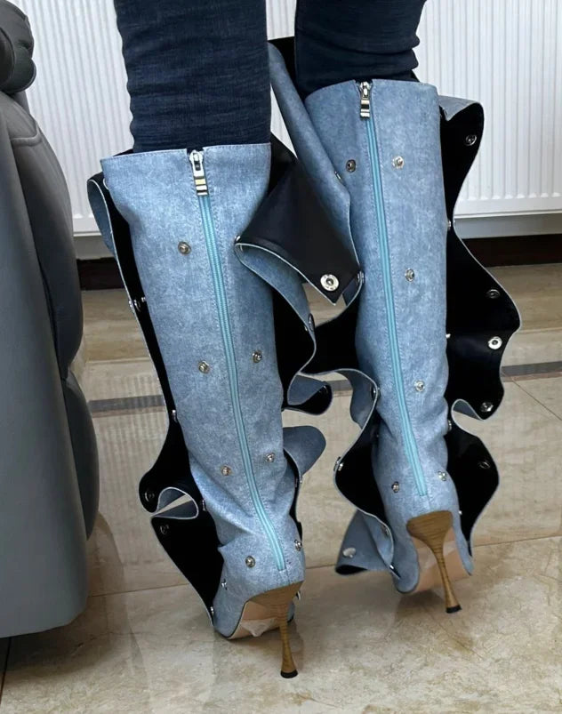High Heel Long Boots for Women High Botte Winter Boots Shoes for Botas Mujer Thin Heeled Pointed Denim Boots Metal Button Shoes