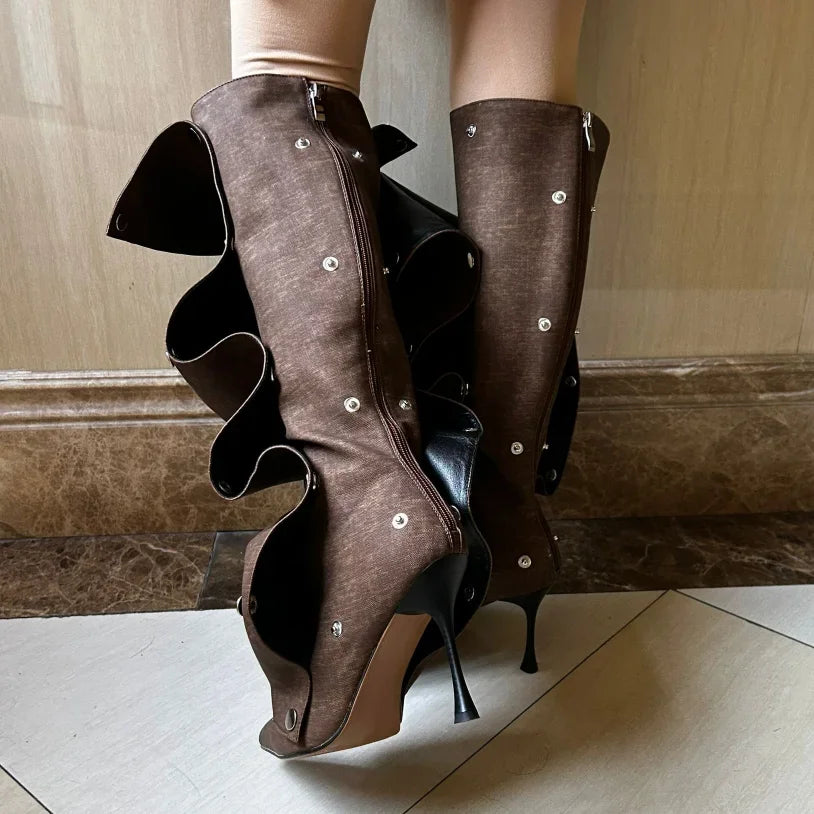 High Heel Long Boots for Women High Botte Winter Boots Shoes for Botas Mujer Thin Heeled Pointed Denim Boots Metal Button Shoes