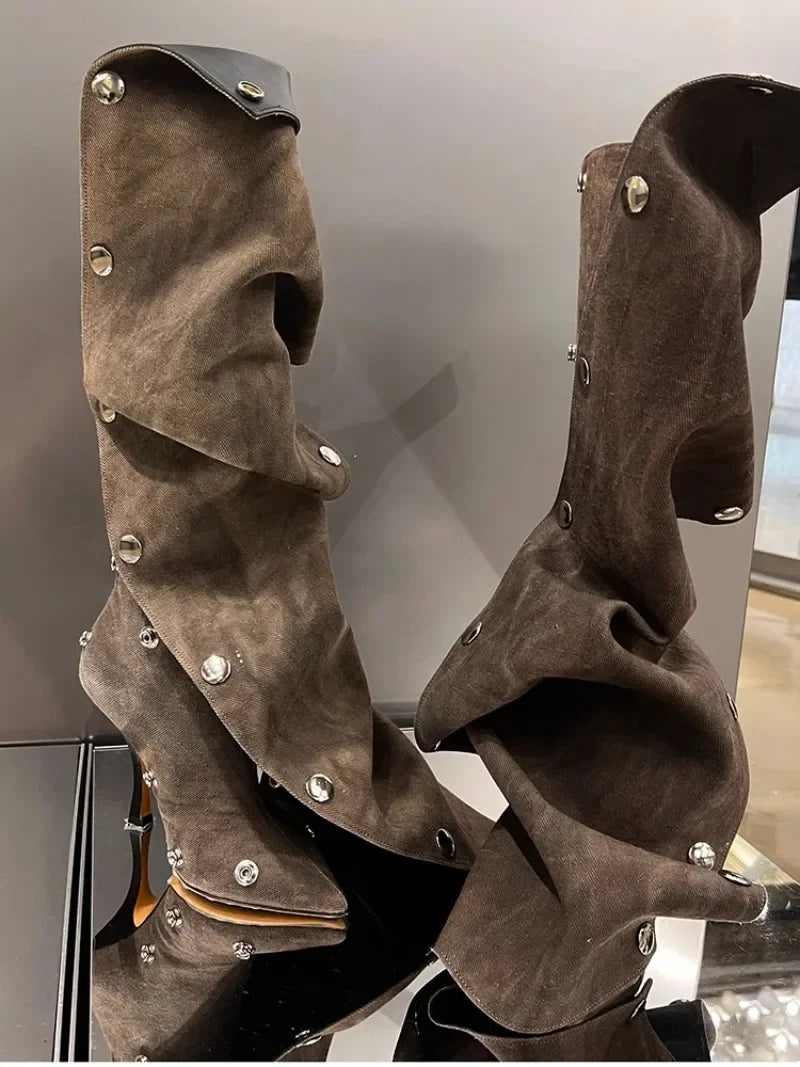 High Heel Long Boots for Women High Botte Winter Boots Shoes for Botas Mujer Thin Heeled Pointed Denim Boots Metal Button Shoes
