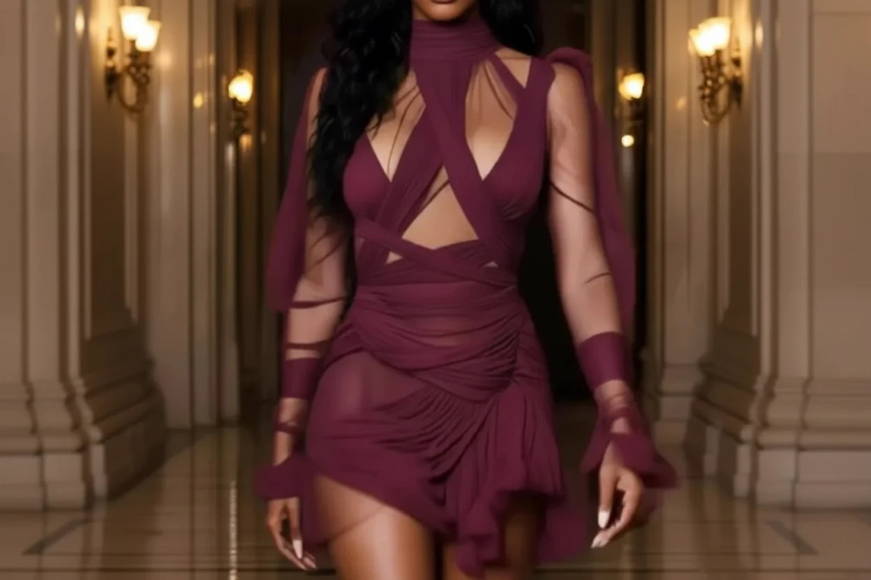 Draped Mesh Cut-Out Mini Dress