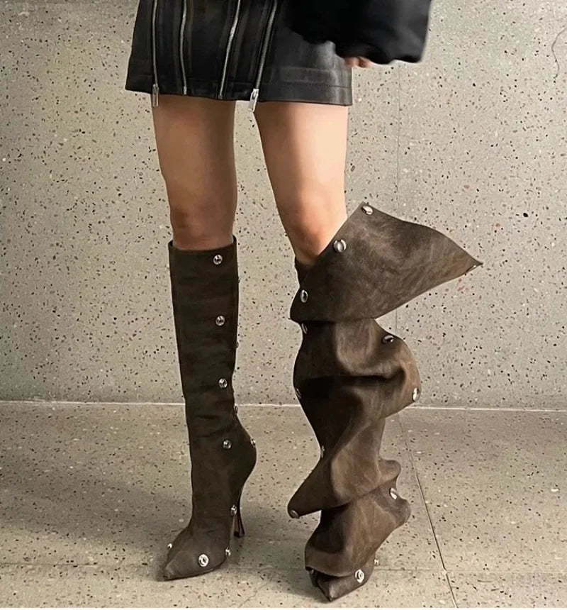High Heel Long Boots for Women High Botte Winter Boots Shoes for Botas Mujer Thin Heeled Pointed Denim Boots Metal Button Shoes
