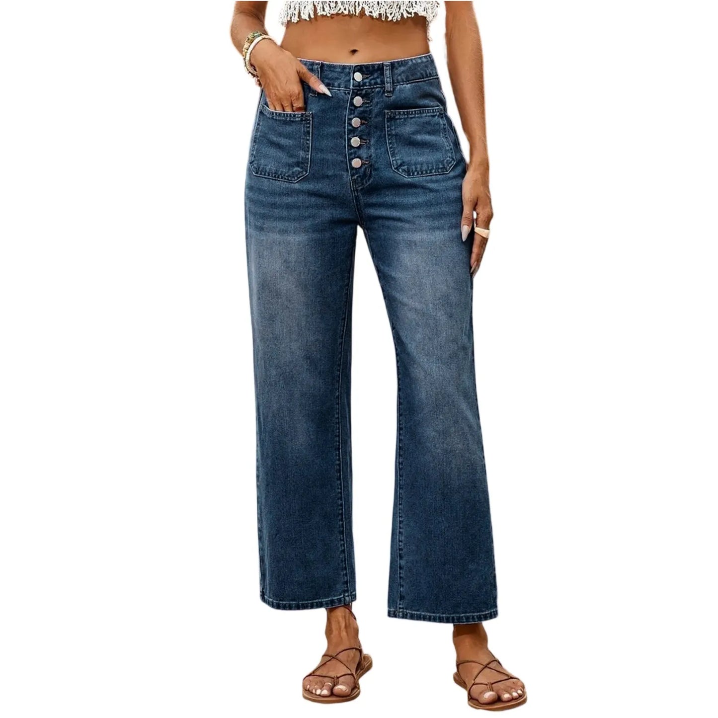 High-Waist Buttoned Wide-Leg Jeans