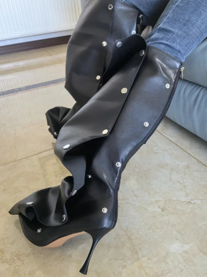 High Heel Long Boots for Women High Botte Winter Boots Shoes for Botas Mujer Thin Heeled Pointed Denim Boots Metal Button Shoes