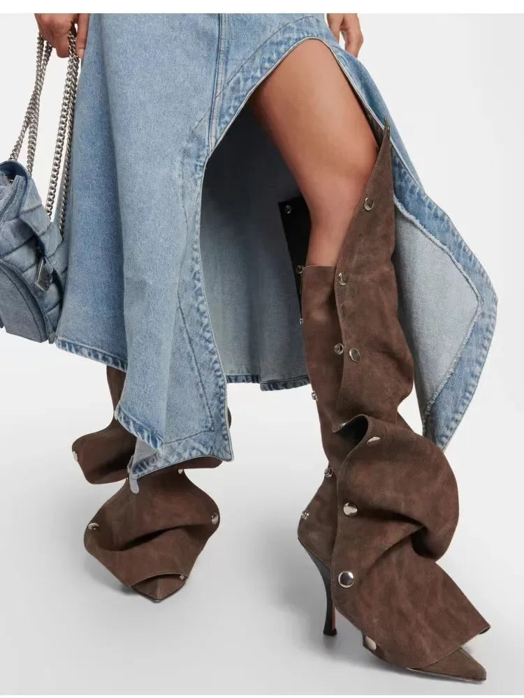 High Heel Long Boots for Women High Botte Winter Boots Shoes for Botas Mujer Thin Heeled Pointed Denim Boots Metal Button Shoes