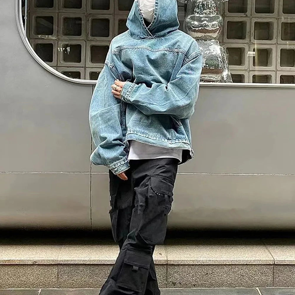 Mens Autumn Winter Fashion Denim Washed Distressed Retro Hoodie Genderless Street Fashion Casual Loose Denim Sweatshirt Unisex