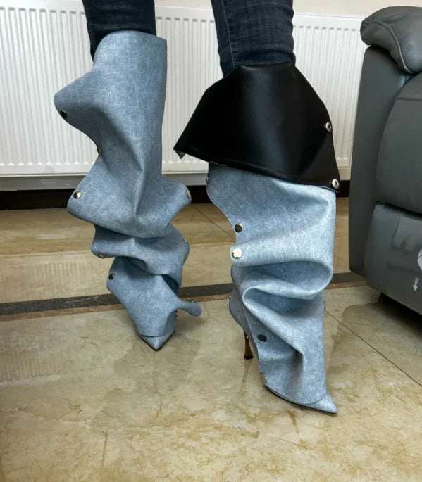 High Heel Long Boots for Women High Botte Winter Boots Shoes for Botas Mujer Thin Heeled Pointed Denim Boots Metal Button Shoes