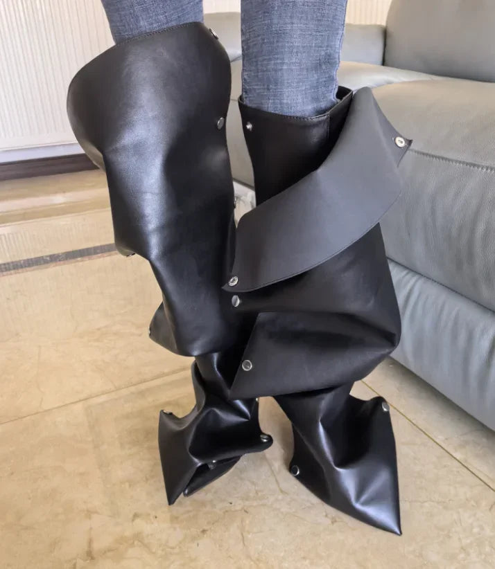 High Heel Long Boots for Women High Botte Winter Boots Shoes for Botas Mujer Thin Heeled Pointed Denim Boots Metal Button Shoes