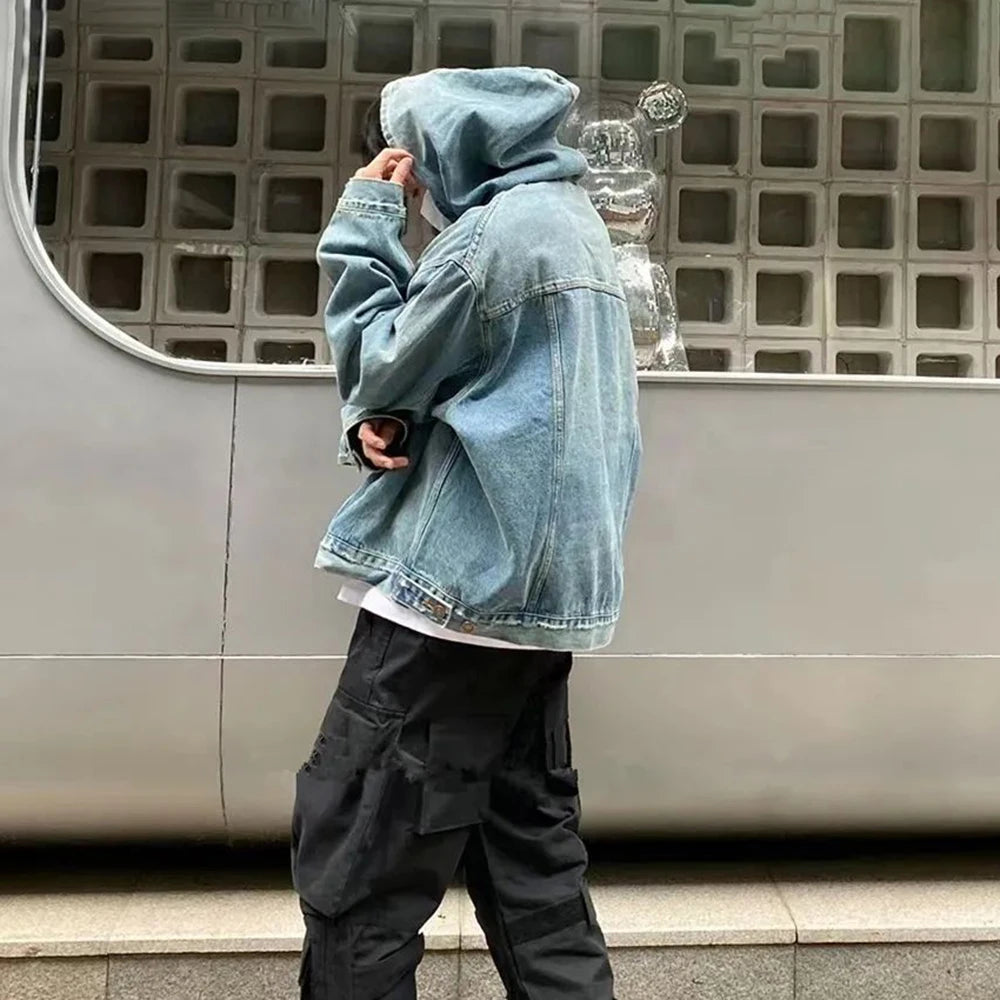 Mens Autumn Winter Fashion Denim Washed Distressed Retro Hoodie Genderless Street Fashion Casual Loose Denim Sweatshirt Unisex