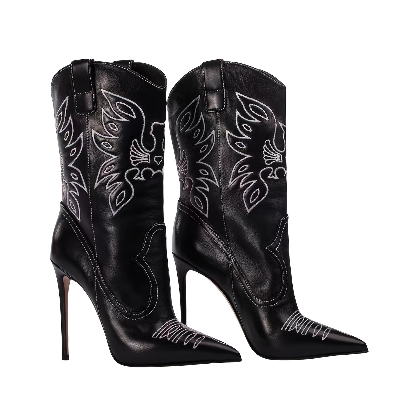 Women's Embroidered Western Cowboy Stiletto Boots - Black Pointed Toe High Heel Boots with Intricate Wing Design, Faux Cover Winter Dress Shoes for Stylish Occasions, Fashion Footwear | Pointed Toe Boots | Synthetic Cover Boo