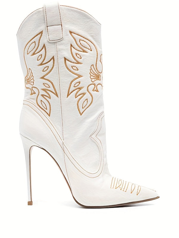 Women's Embroidered Western Cowboy Stiletto Boots - Black Pointed Toe High Heel Boots with Intricate Wing Design, Faux Cover Winter Dress Shoes for Stylish Occasions, Fashion Footwear | Pointed Toe Boots | Synthetic Cover Boo