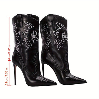 Women's Embroidered Western Cowboy Stiletto Boots - Black Pointed Toe High Heel Boots with Intricate Wing Design, Faux Cover Winter Dress Shoes for Stylish Occasions, Fashion Footwear | Pointed Toe Boots | Synthetic Cover Boo