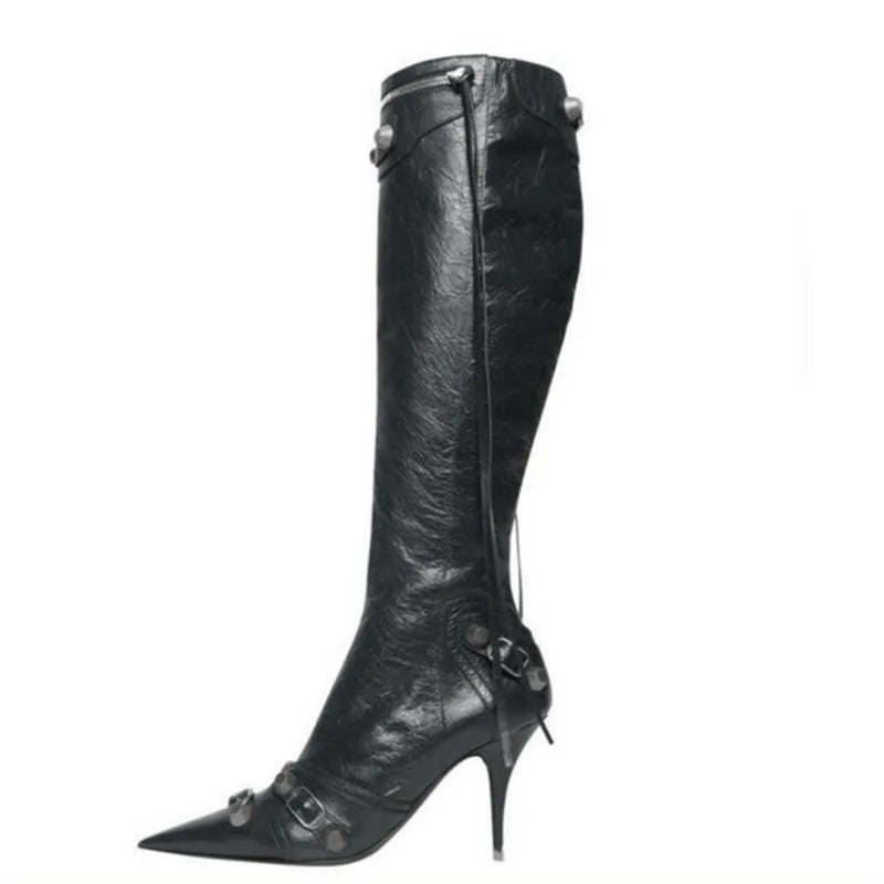 Sleek Black Leather Stiletto Knee Boots with Silver Accents