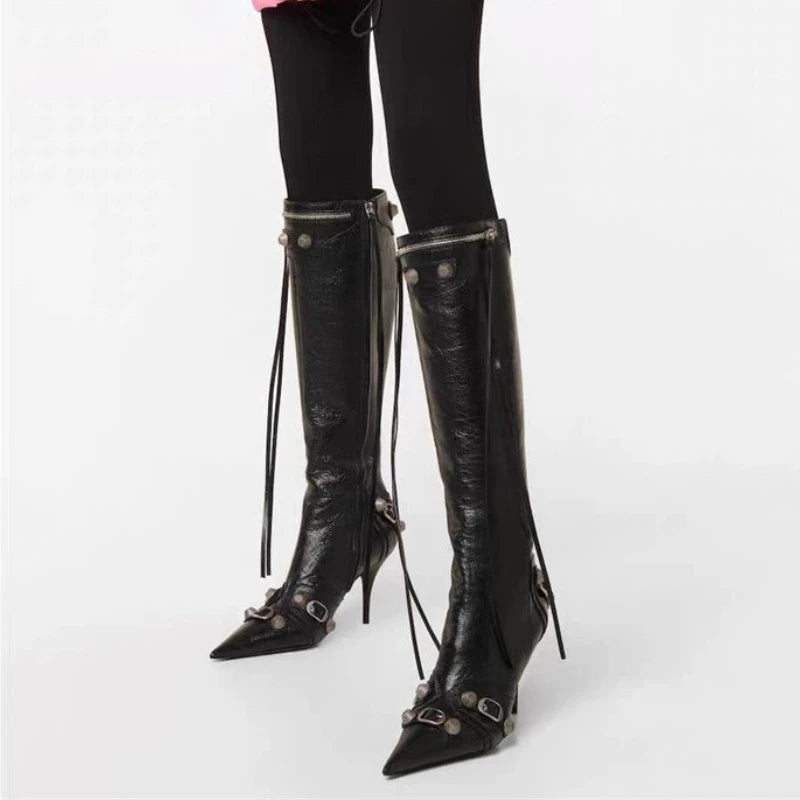 Sleek Black Leather Stiletto Knee Boots with Silver Accents