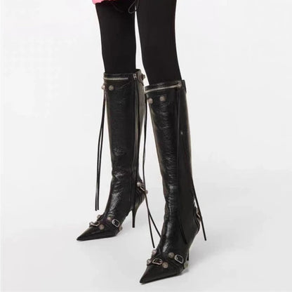 Sleek Black Leather Stiletto Knee Boots with Silver Accents
