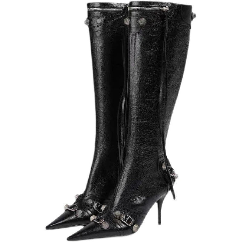 Sleek Black Leather Stiletto Knee Boots with Silver Accents
