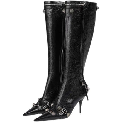 Sleek Black Leather Stiletto Knee Boots with Silver Accents