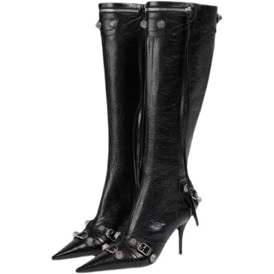 Sleek Black Leather Stiletto Knee Boots with Silver Accents
