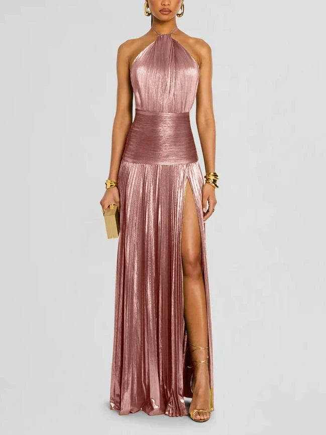 Pleated Metallic Goddess Maxi Dress