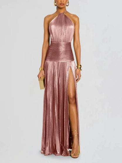 Pleated Metallic Goddess Maxi Dress