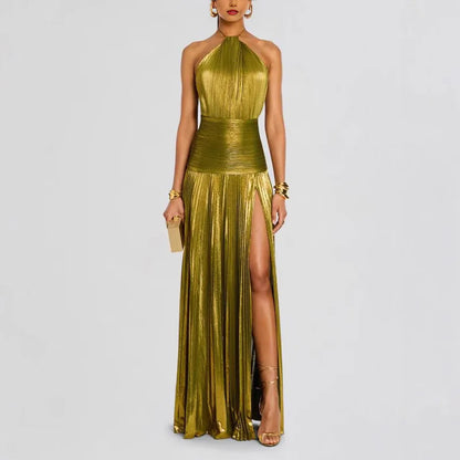 Pleated Metallic Goddess Maxi Dress