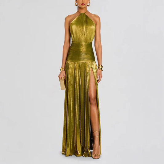 Pleated Metallic Goddess Maxi Dress