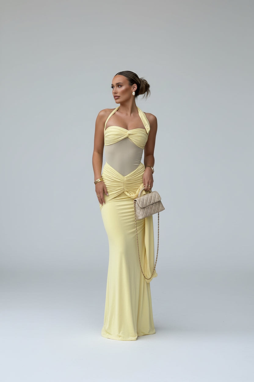 Bordeaux Halter Ruched Maxi Dress