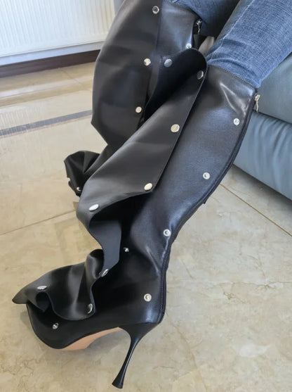 High Heel Long Boots for Women High Botte Winter Boots Shoes for Botas Mujer Thin Heeled Pointed Denim Boots Metal Button Shoes
