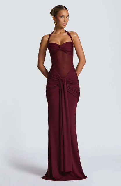 Bordeaux Halter Ruched Maxi Dress