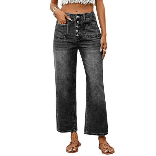 High-Waist Buttoned Wide-Leg Jeans