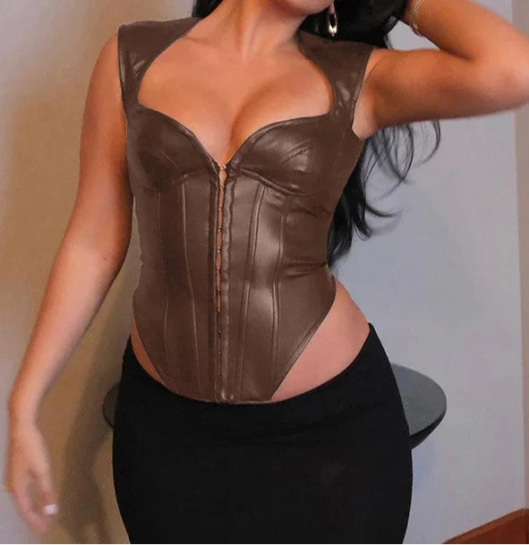 Y2K Princess Neckline Leather Top