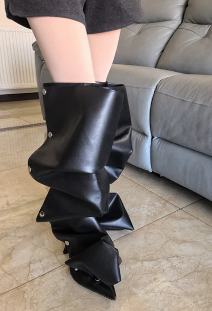 High Heel Long Boots for Women High Botte Winter Boots Shoes for Botas Mujer Thin Heeled Pointed Denim Boots Metal Button Shoes