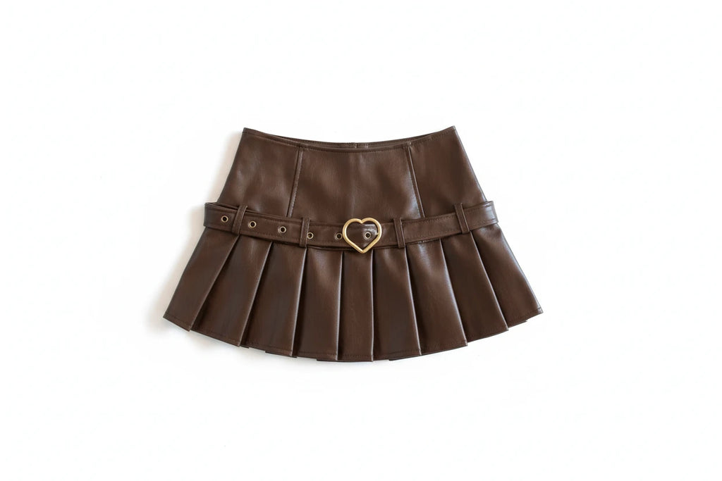 Faux Leather Pleated Skirt with Buckle