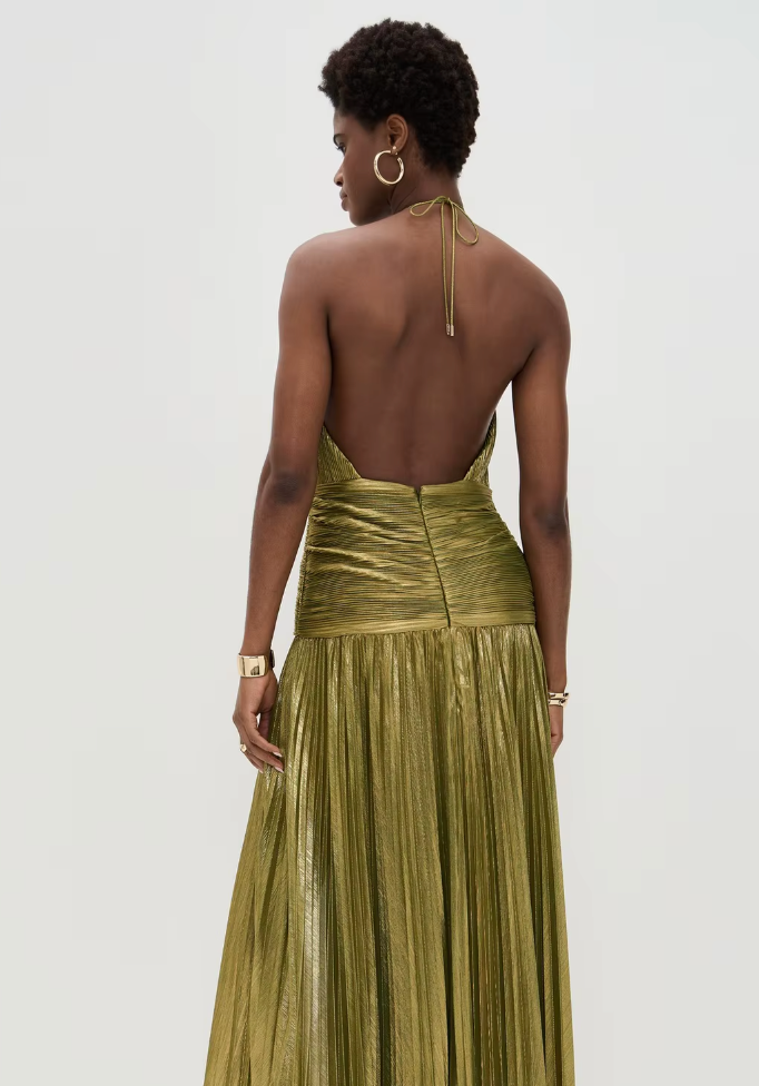 Pleated Metallic Goddess Maxi Dress