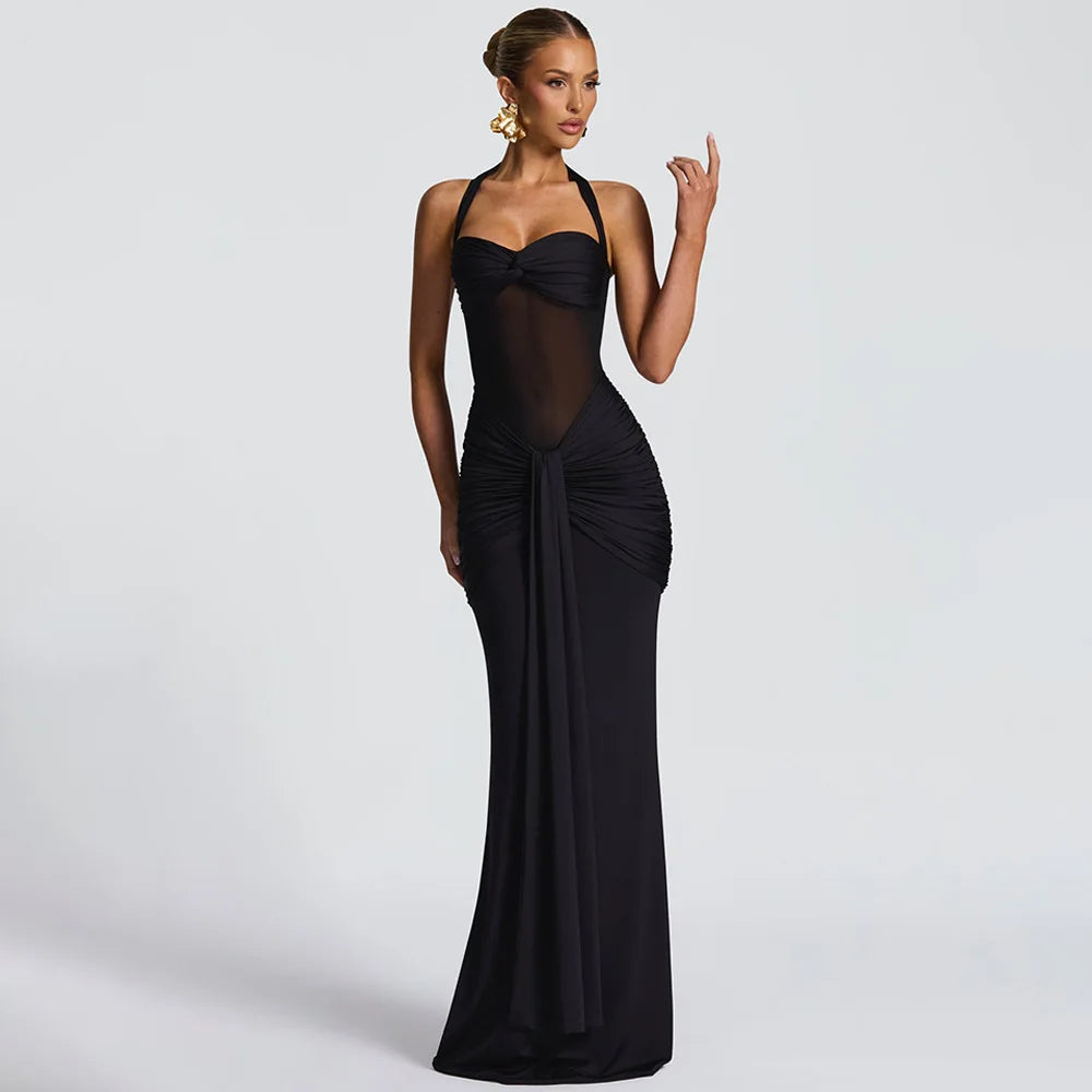 Bordeaux Halter Ruched Maxi Dress