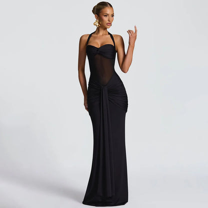 Bordeaux Halter Ruched Maxi Dress