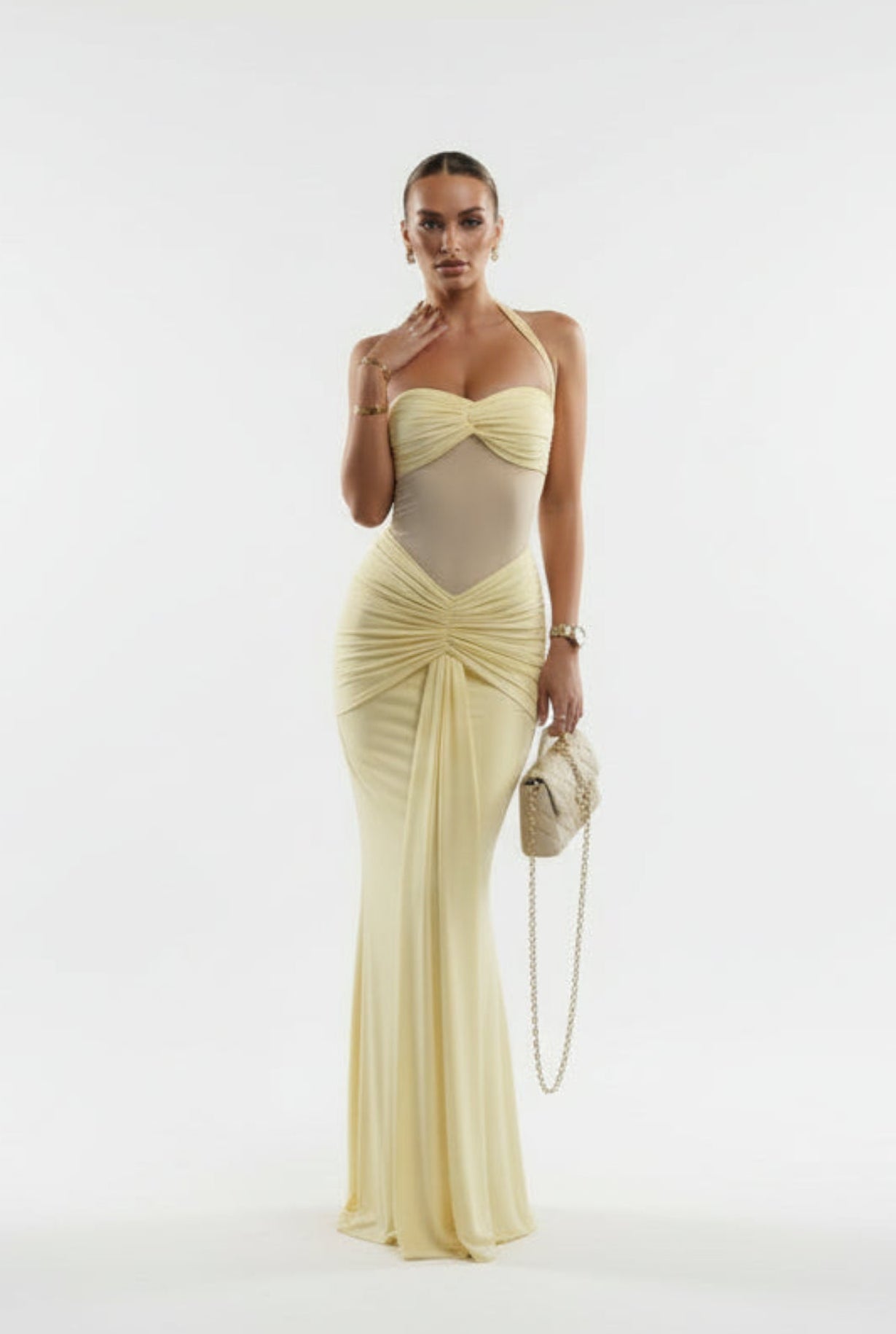 Bordeaux Halter Ruched Maxi Dress