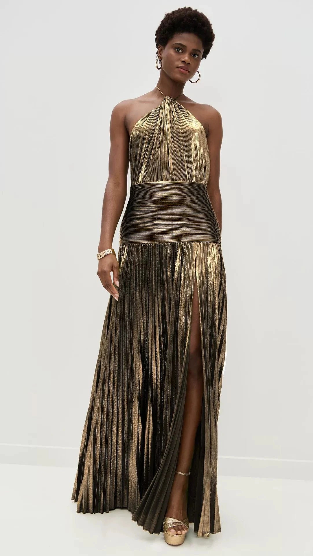 Pleated Metallic Goddess Maxi Dress