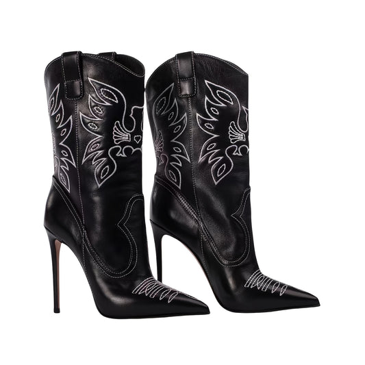 Women's Embroidered Western Cowboy Stiletto Boots - Black Pointed Toe High Heel Boots with Intricate Wing Design, Faux Cover Winter Dress Shoes for Stylish Occasions, Fashion Footwear | Pointed Toe Boots | Synthetic Cover Boo